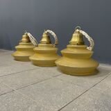 Vintage ocher glass hanging lamps with brass gallery