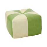 Pouf carré vintage skaï simili cuir vert crème 43cm