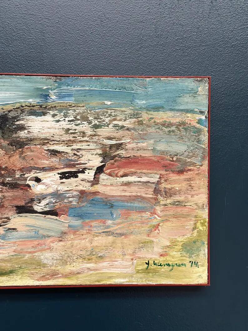 Huile sur toile originale suédoise - 'Komposition' par Yngve Werngren - Signée et datée 1974 - Vintage et encadrée - 53 × 36 cm (20,9" × 14,2")