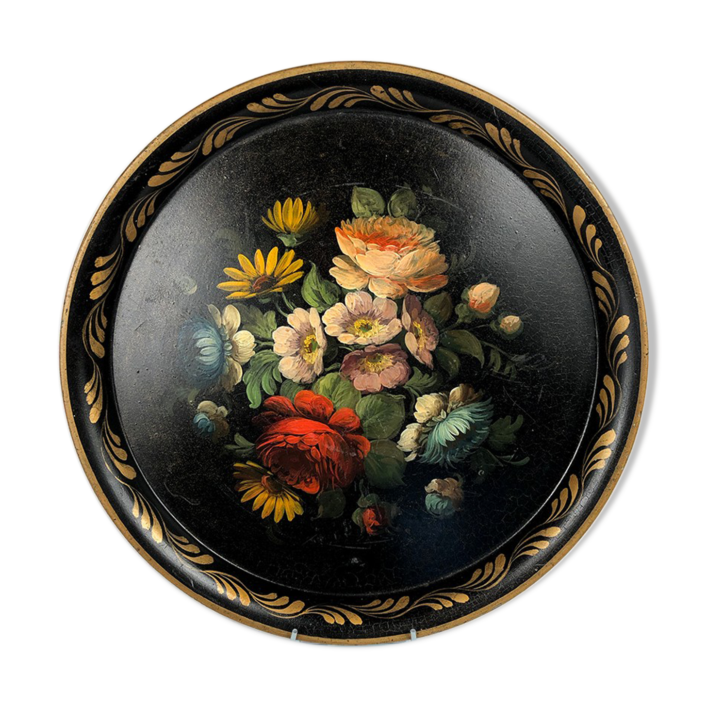 Painted sheet metal tray decorated with flowers