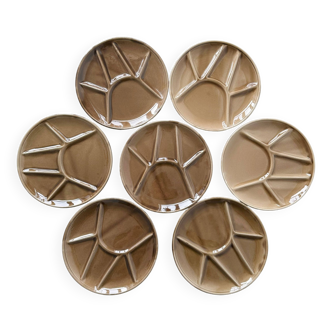 7 fondue plates - glazed brown compartment plate