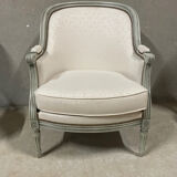 Armchair and 2 chairs set in Louis XVI style, light fabric, patinated wood.