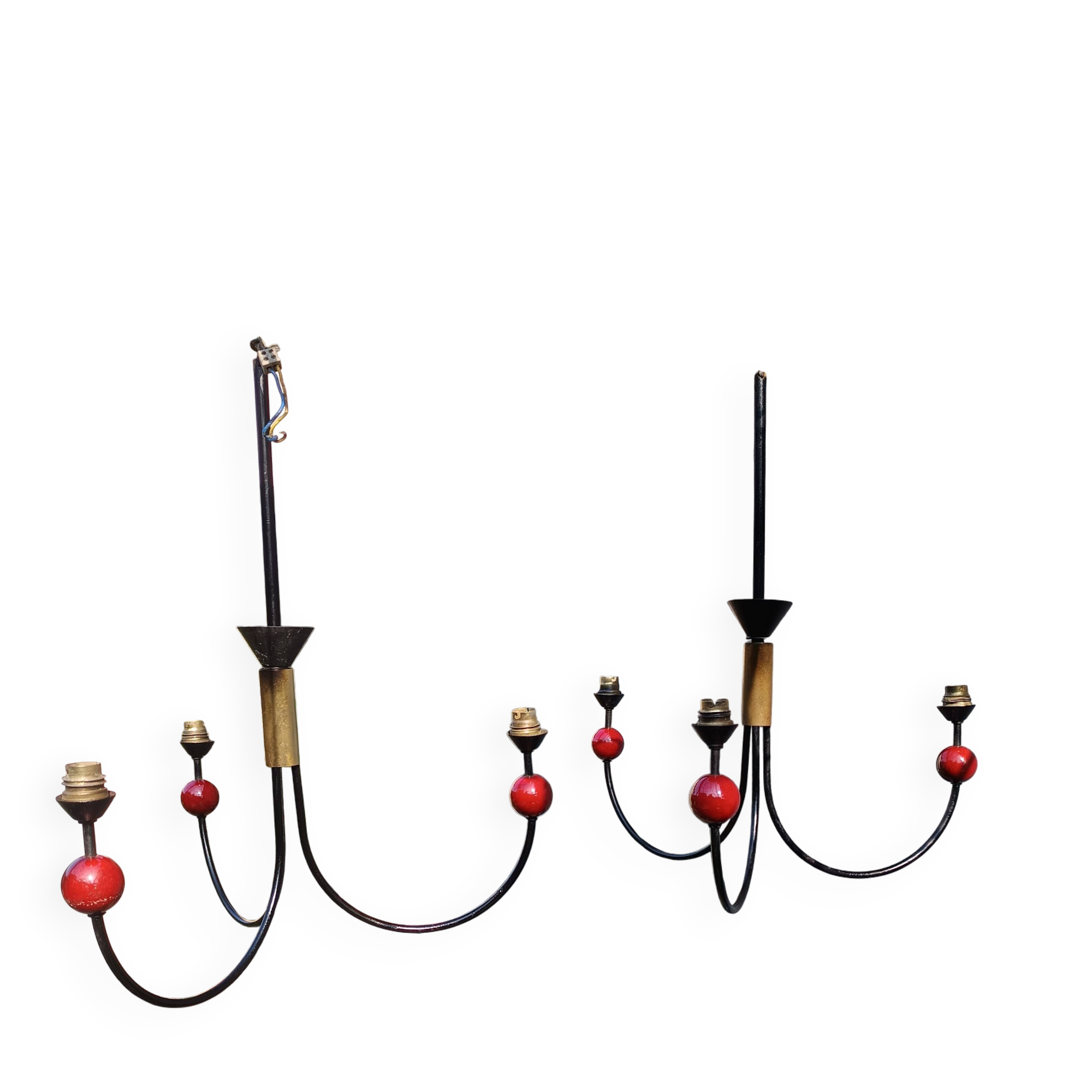 pair of vintage black metal chandeliers with red balls 1950/1970