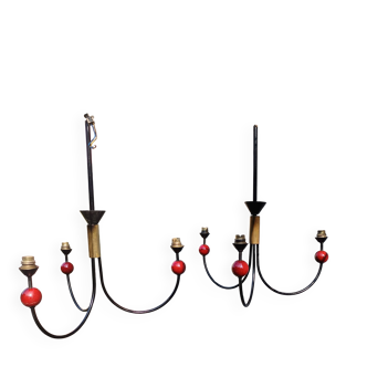pair of vintage black metal chandeliers with red balls 1950/1970