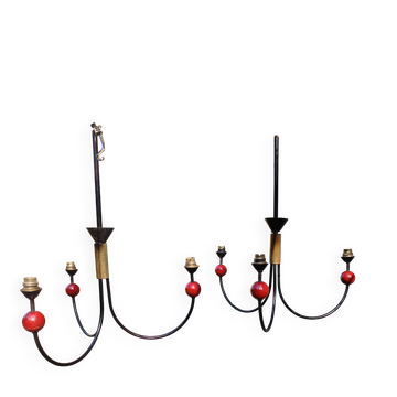 paire de lustres vintage métal noir et boules rouges 1950/1970