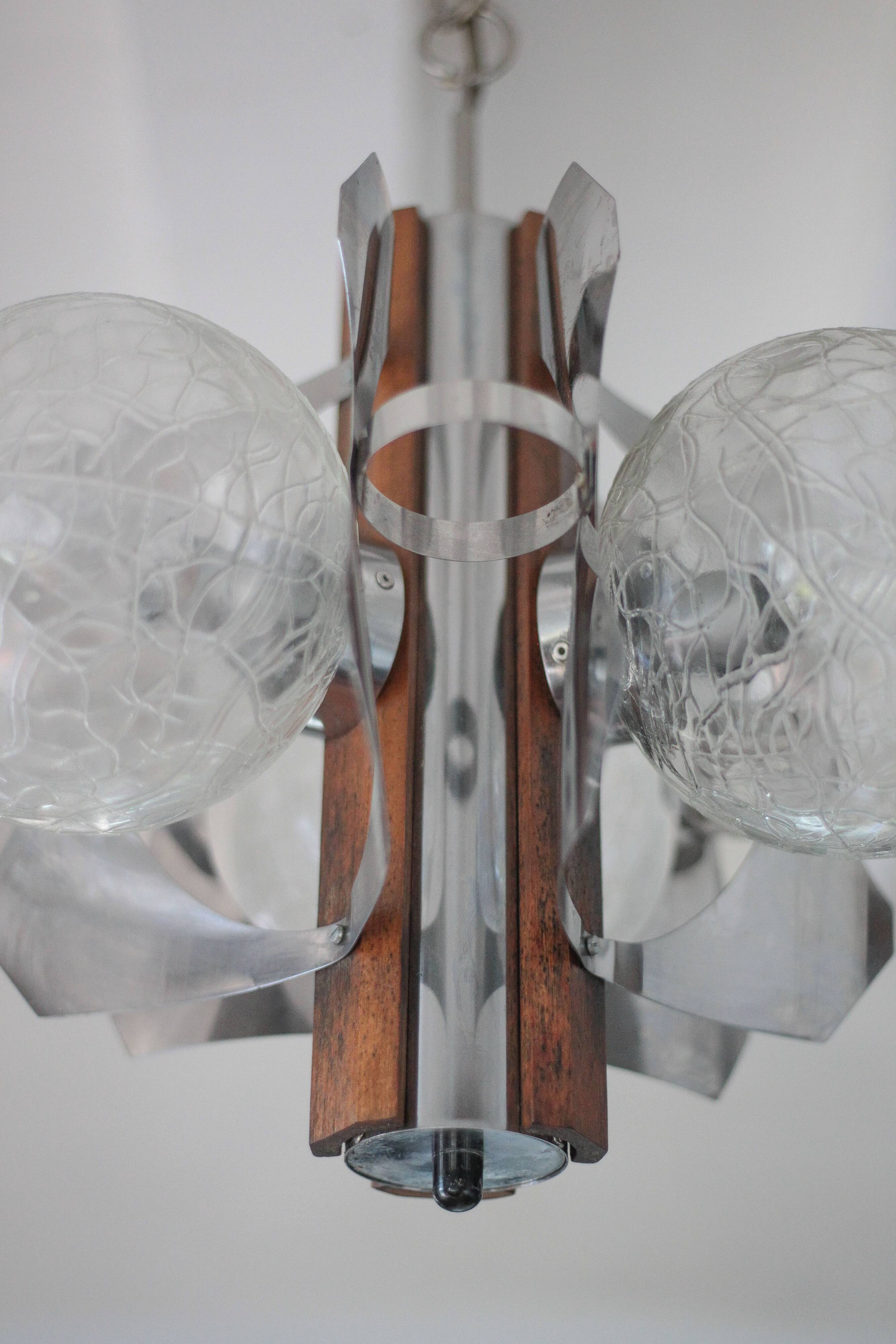 Space Age metal and wood pendant light, 3-globe chandelier, Sputnik chandelier, lamp