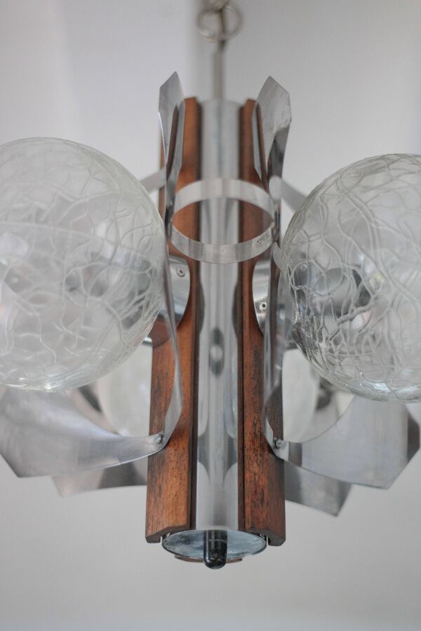 Suspension space age métal et bois, lustre 3 globes, lustre sputnik, lampe