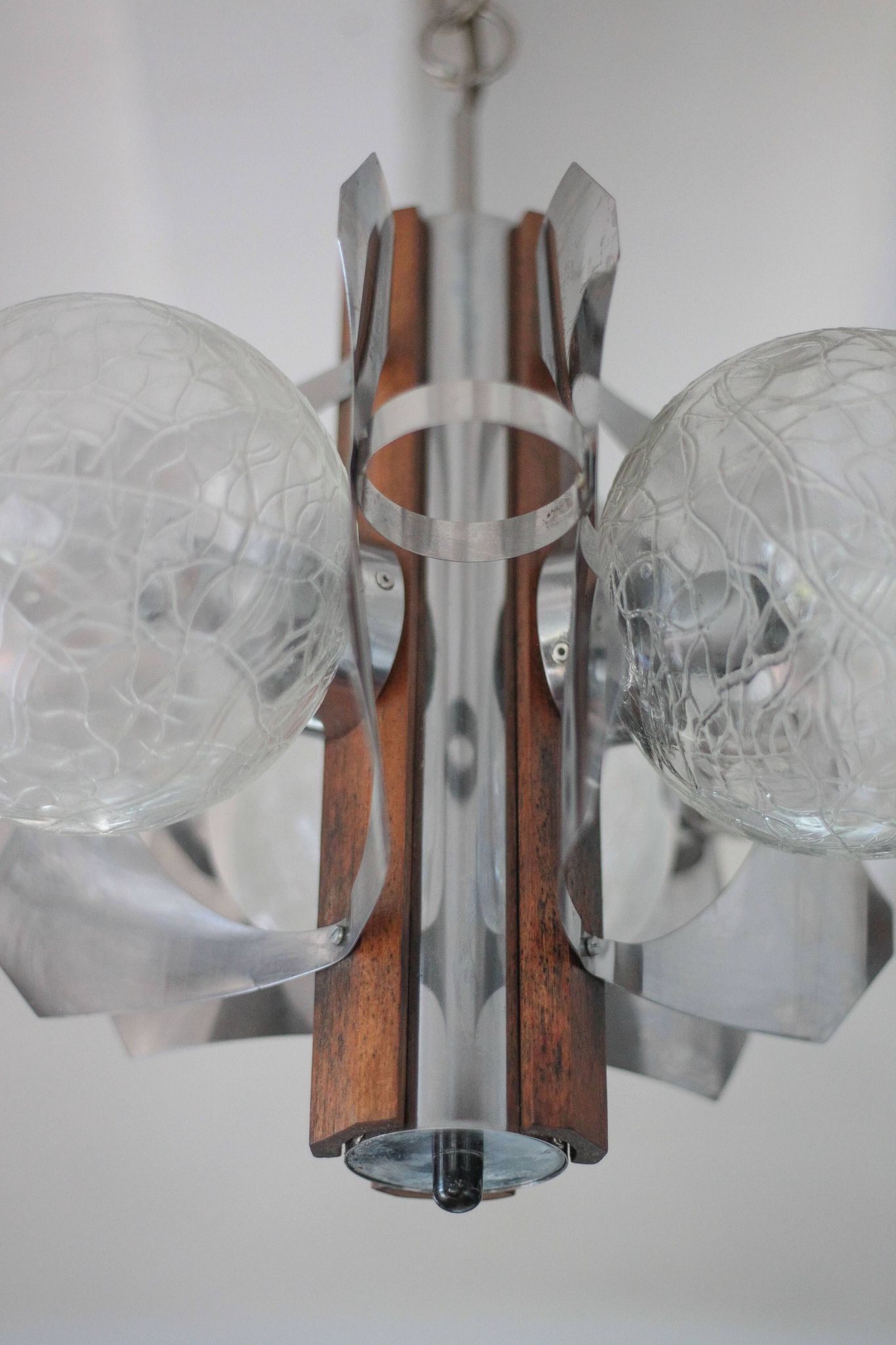 Space Age metal and wood pendant light, 3-globe chandelier, Sputnik chandelier, lamp