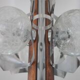 Space Age metal and wood pendant light, 3-globe chandelier, Sputnik chandelier, lamp
