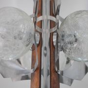 Space Age metal and wood pendant light, 3-globe chandelier, Sputnik chandelier, lamp