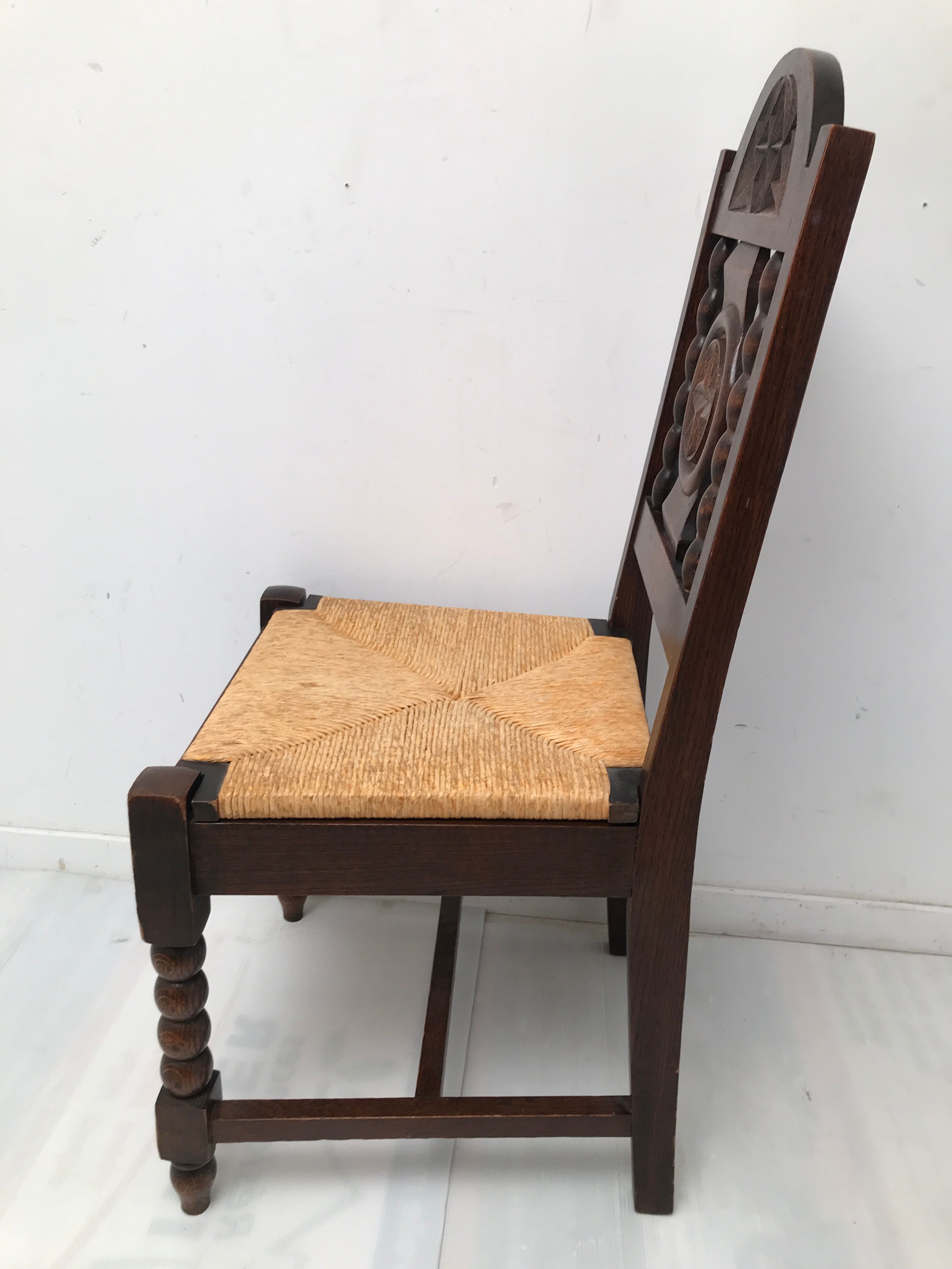Set of 6 vintage straw and turned wood chairs