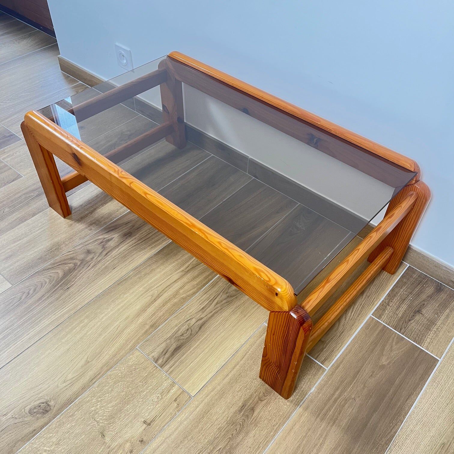 Pine coffee table with smoked glass top, 1970s/80s.