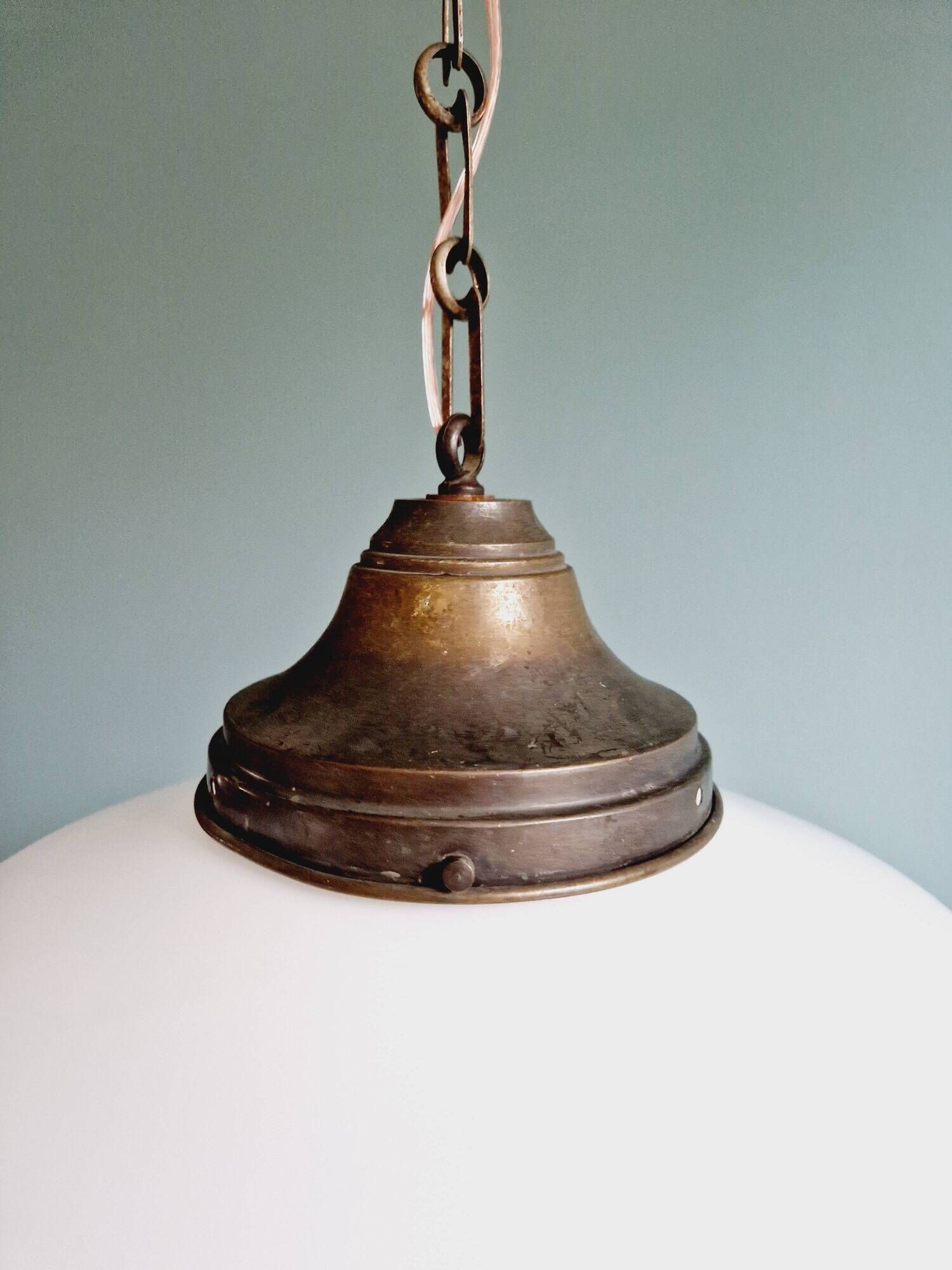 Large Art Deco pendant light in conical white opaline, 1920s-30s