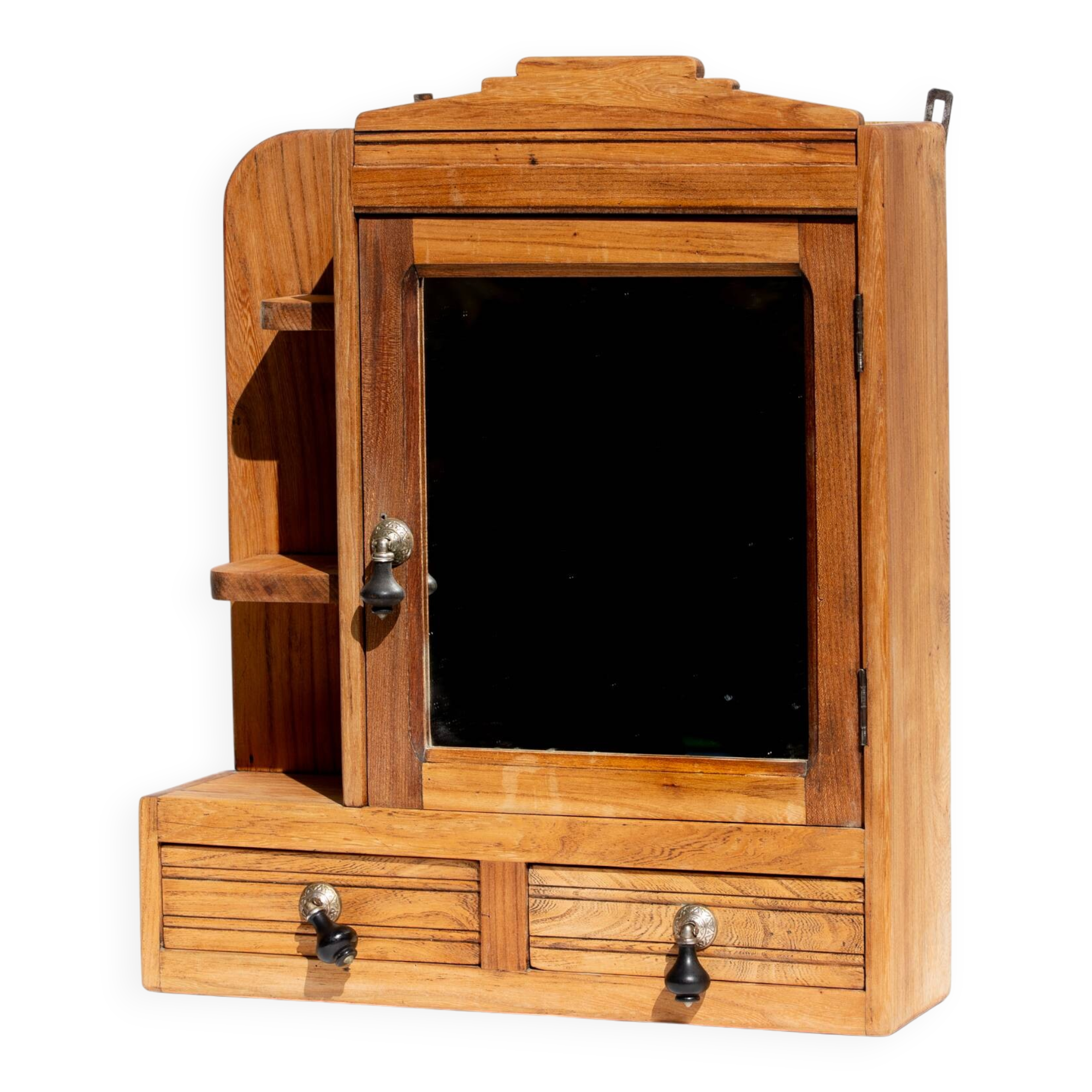 Étagère murale Art déco en bois de noyer avec miroir et tiroirs, rénovée