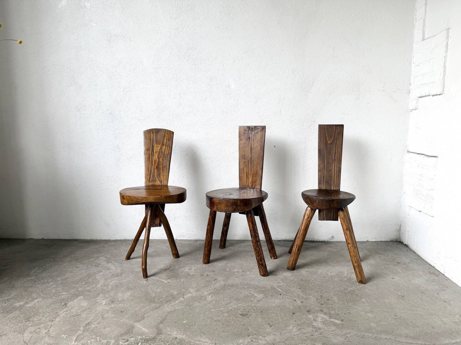 Set of three alpine chairs in solid pine, France, 1950s.