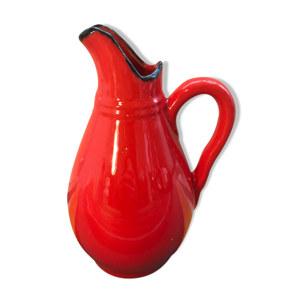 Ancien pichet en céramique rouge et anse cuisine années 70 vintage