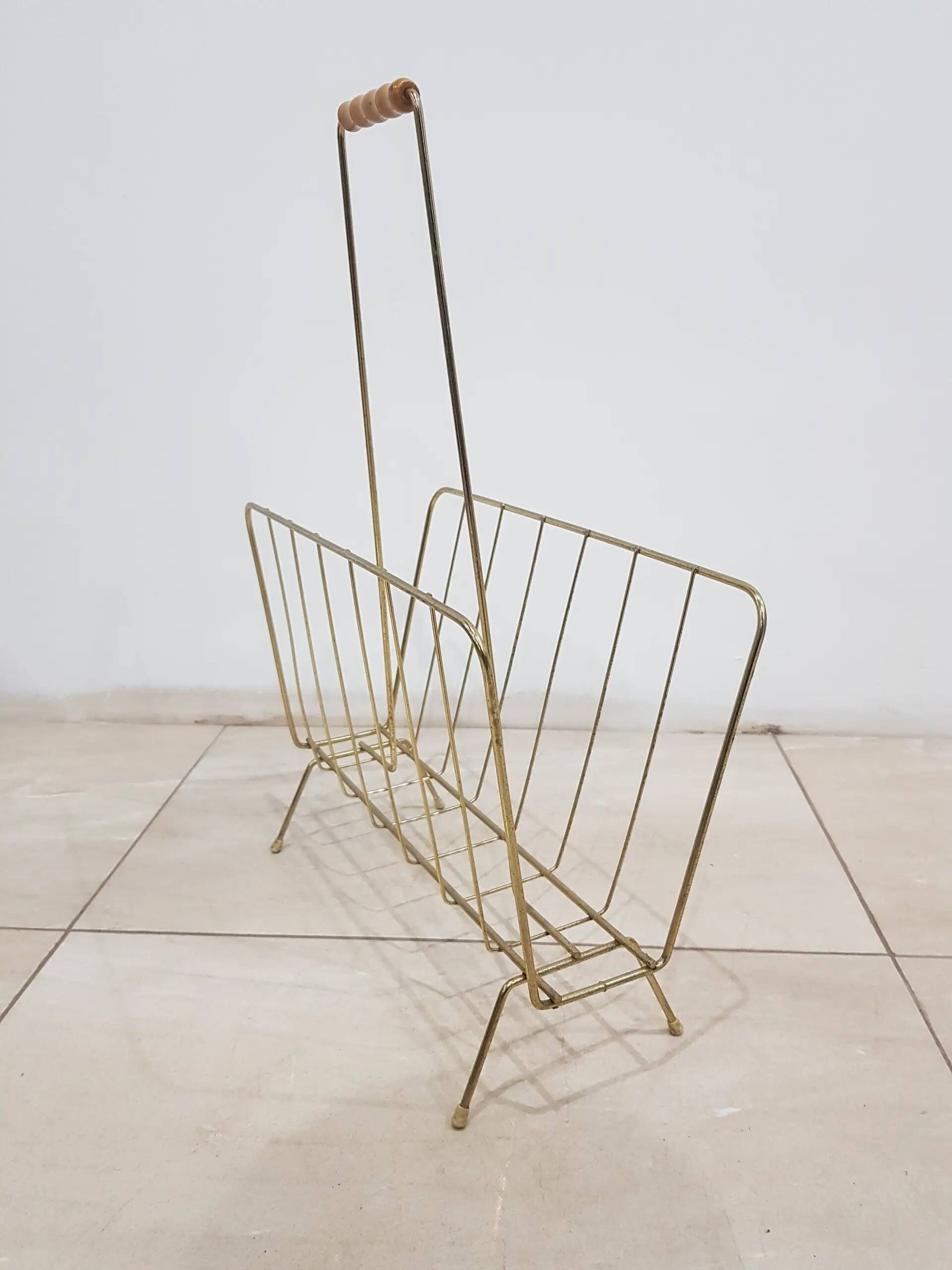 Magazine rack, gold metal, brown wood, Germany, 1970s