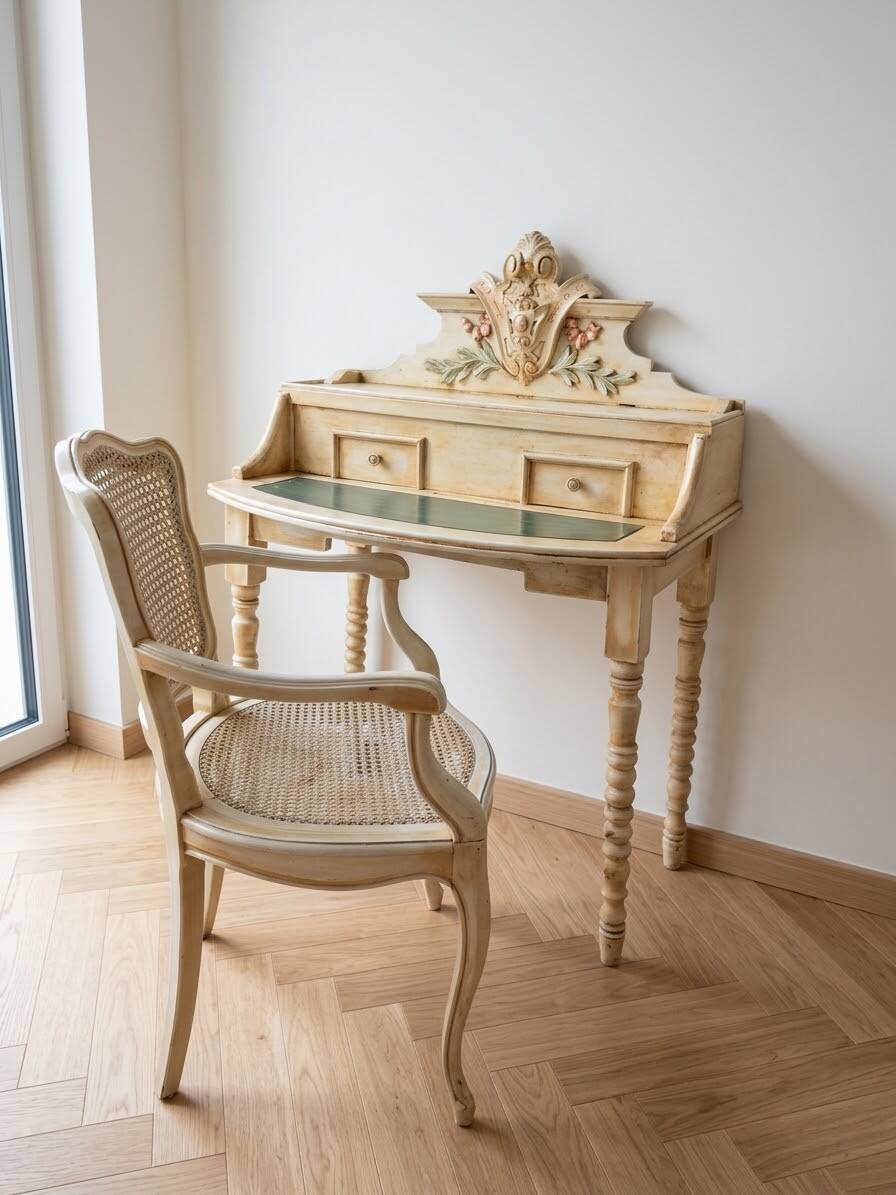 Old Hairdresser / Console / Small Secretary Desk + Rattan Chair