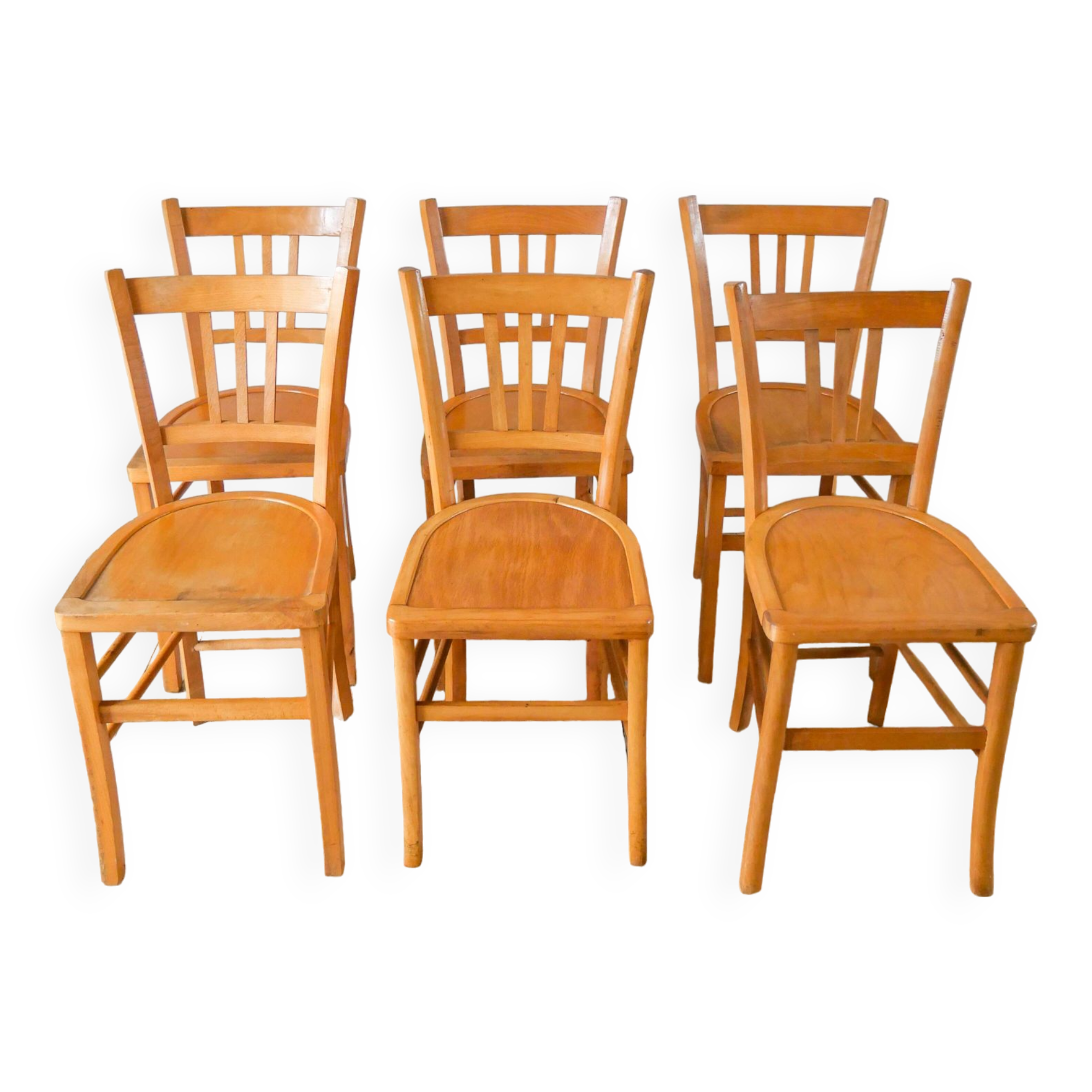 Ensemble de 6 chaises bistrot en bois blond luterma 1950