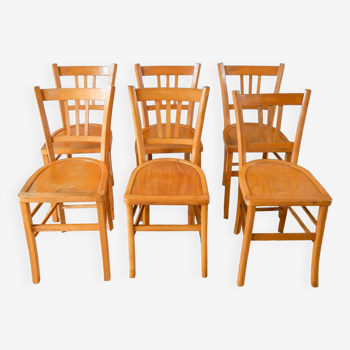 Set of 6 luterma blond wood bistro chairs 1950