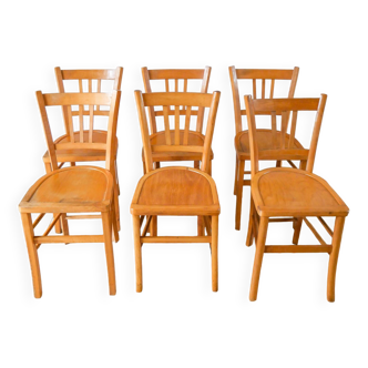 Ensemble de 6 chaises bistrot en bois blond luterma 1950