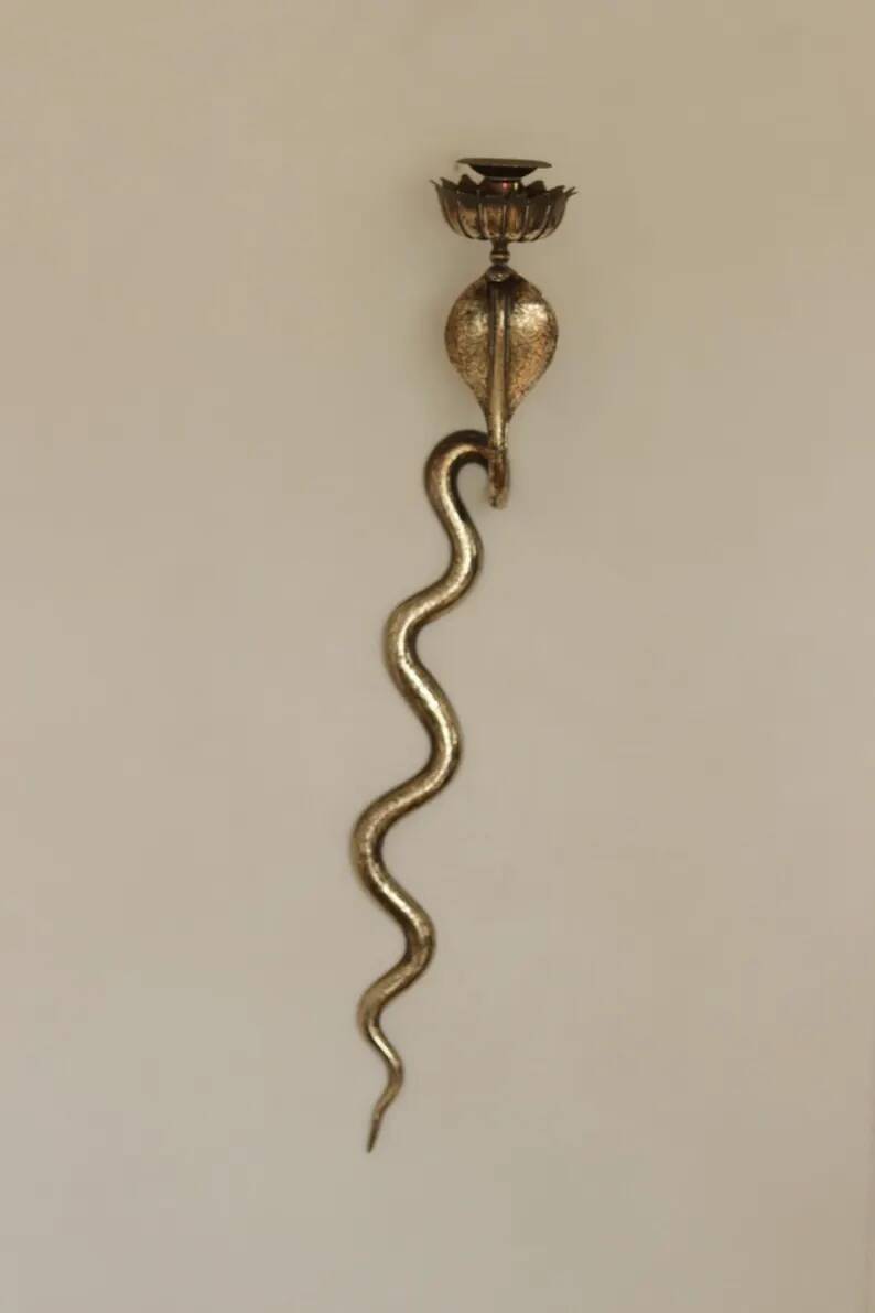 Pair of Neo-Egyptian Style Engraved Brass Wall Sconces Featuring Cobras