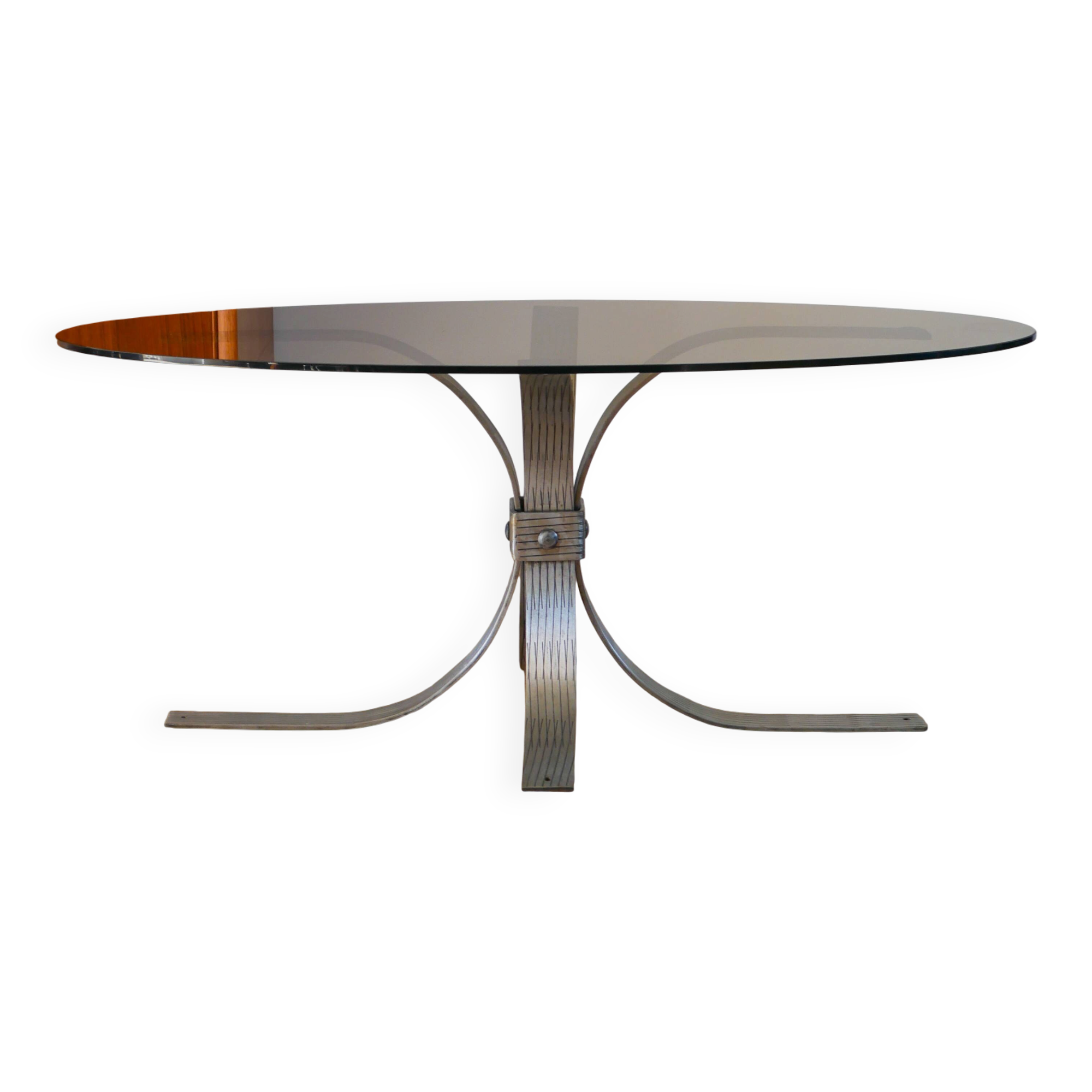 Oval coffee table in smoked glass and brushed steel, 1968