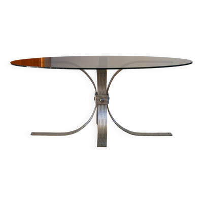 Table basse ovale en verre fumé et acier brossé, 1968