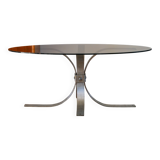 Oval coffee table in smoked glass and brushed steel, 1968