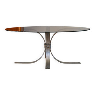 Oval coffee table in smoked glass and brushed steel, 1968