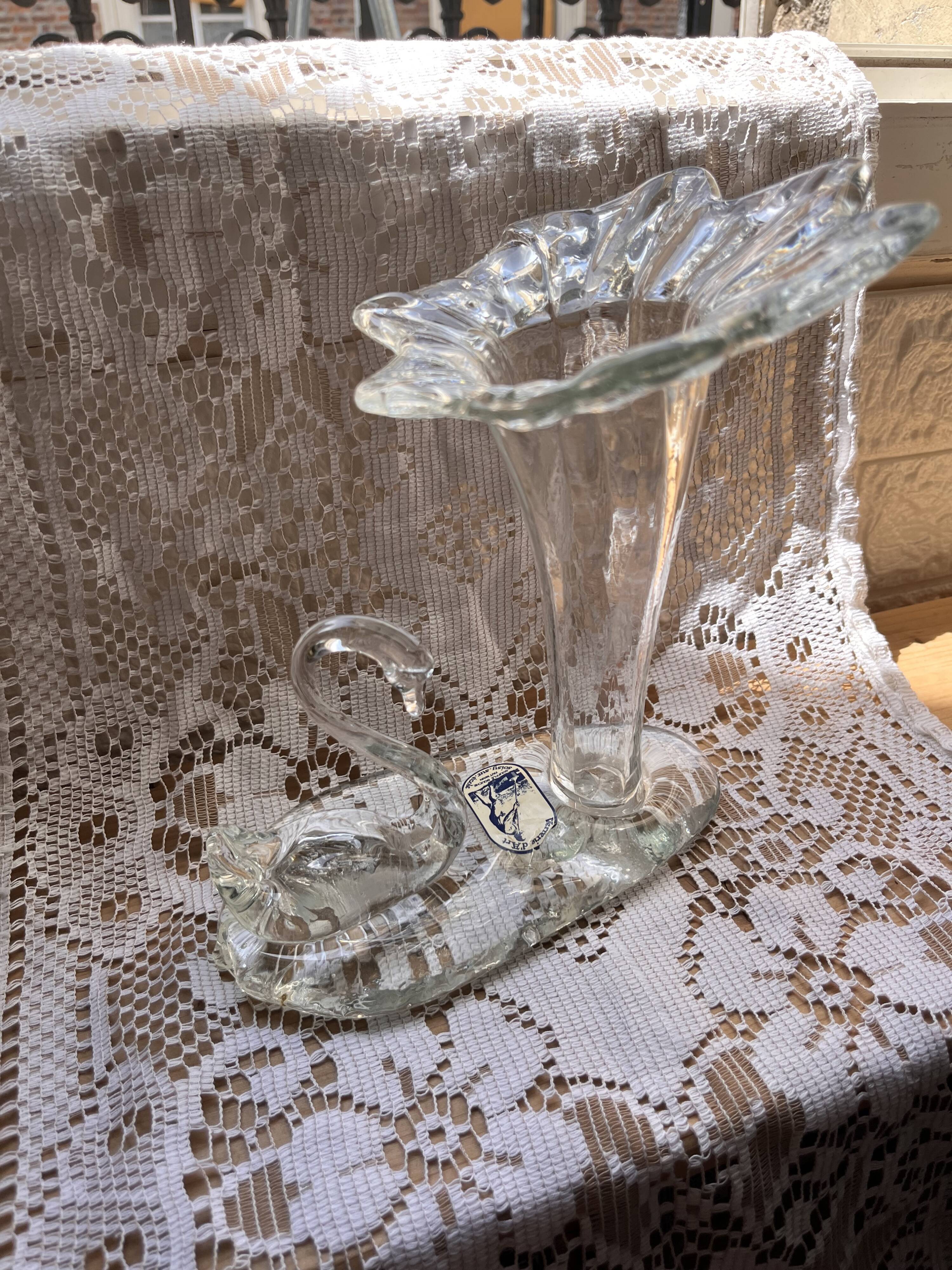 Blown glass art vase – Swan & flower, signed Soisy-sur-École