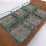 Teak tray with glass bowls by Jens Quistgaard for IHQ Dansk Designs, 1960s, set of 7.