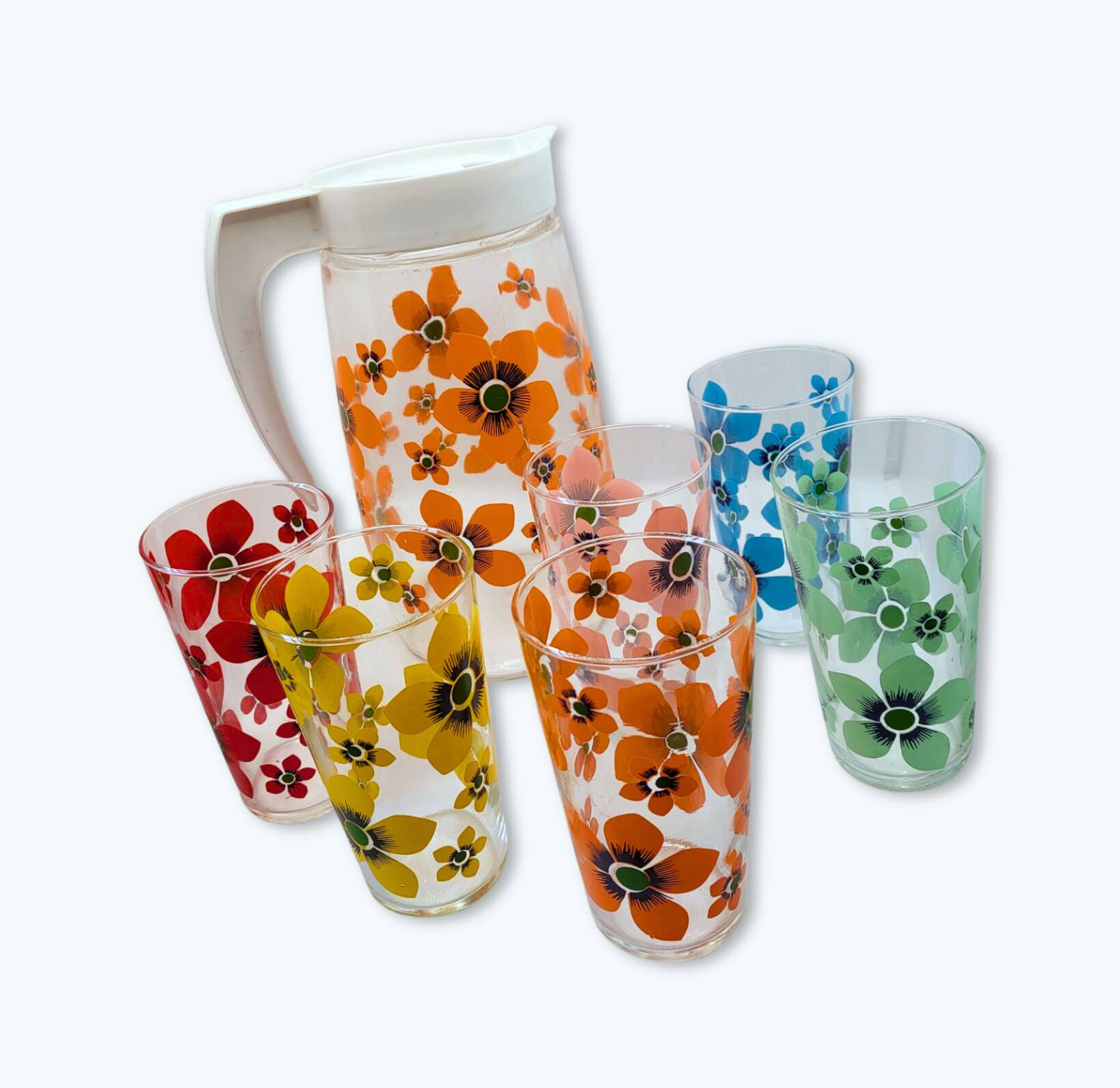 Flowered glass lemonade set, carafe and 6 matching glasses