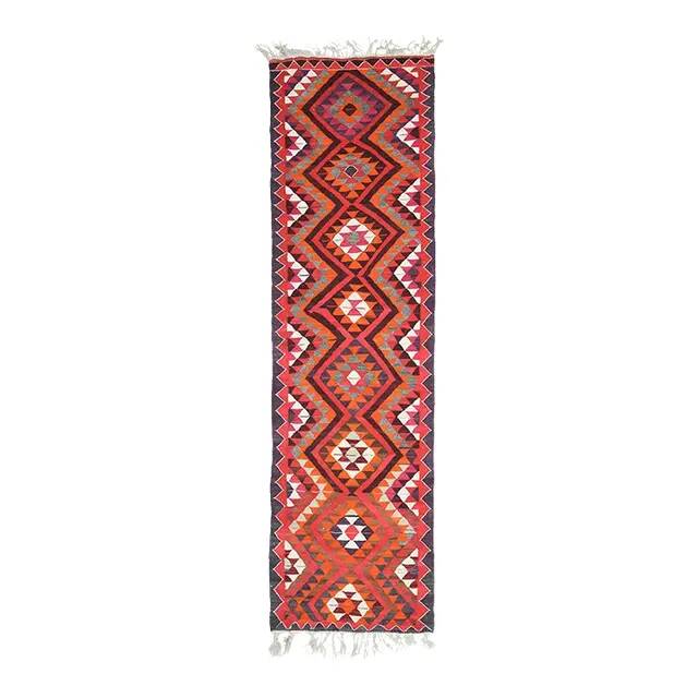 1970s Vintage Turkish Hand-Knotted Wool Cotton Pink Runner Rug 91x340
