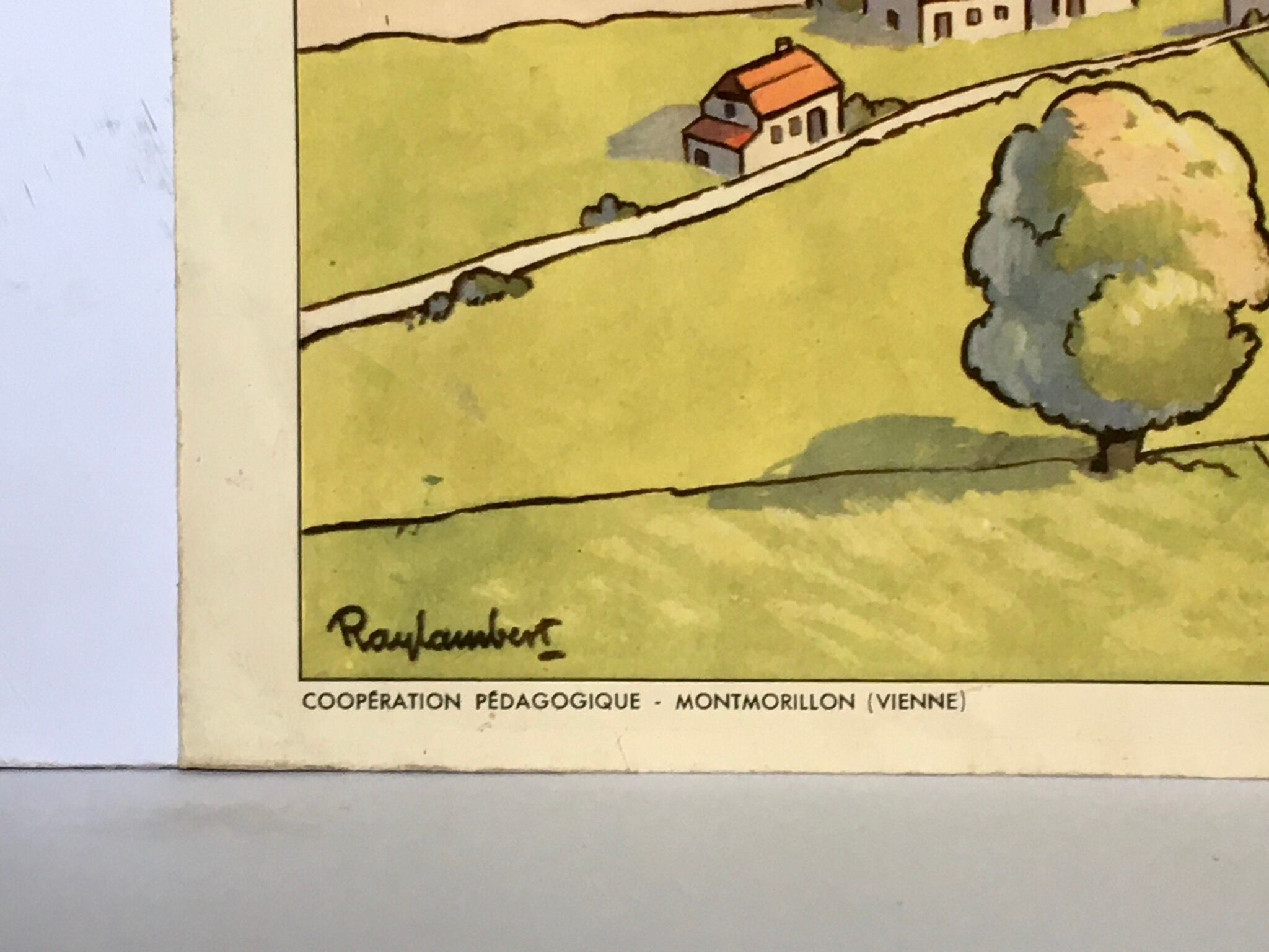 School poster vintage school landscape mountain two-sided signed Raylambert for Rossignol 50s