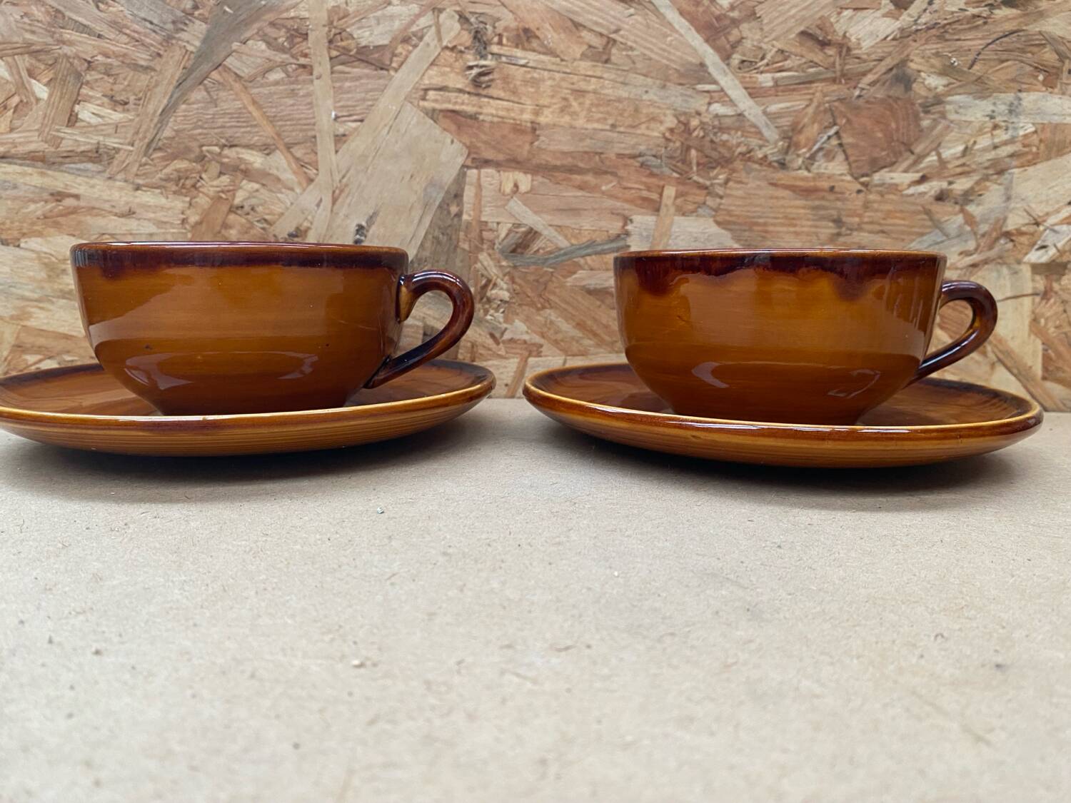 Pair of antique cups + saucers st clement ceramic brown vintage #b615