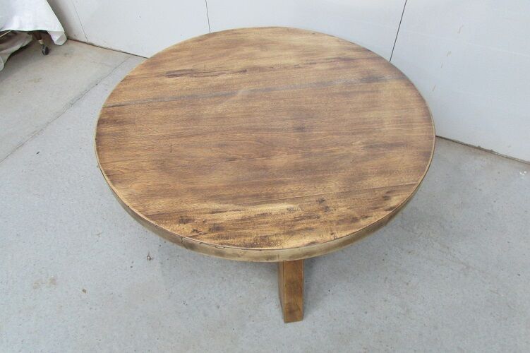 Large brutalist round coffee table, in exotic oak 1960s
