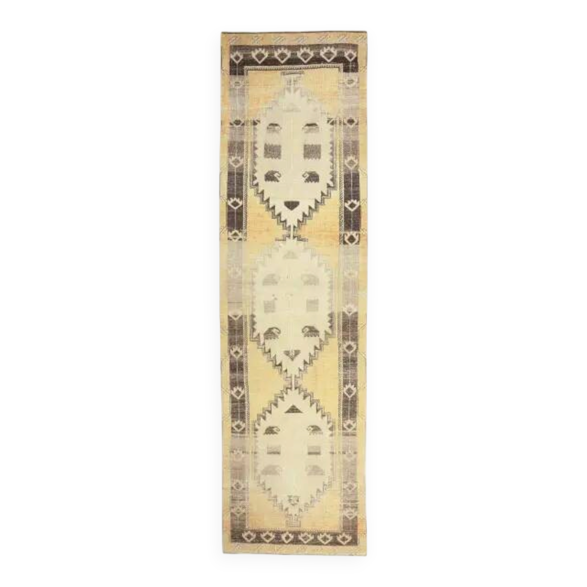 Tapis de couloir tissé à la main turc vintage or-beige 115x419