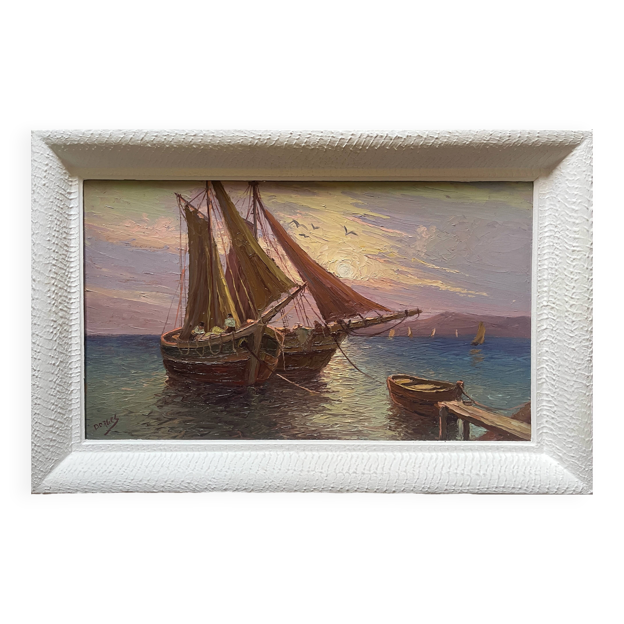 Tableau HSP "Mediterranean Sea" sailing boats in the port signed Dorges