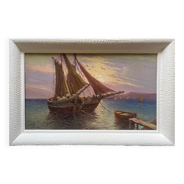 Tableau HSP "Mediterranean Sea" sailing boats in the port signed Dorges