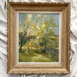 Tableau ancien, peinture à l'huile sur carton évoquant un paysage