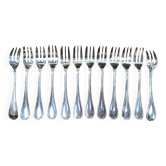Lot de 12 fourchettes à gâteau en métal argenté de la maison Christofle, modèle Rubans