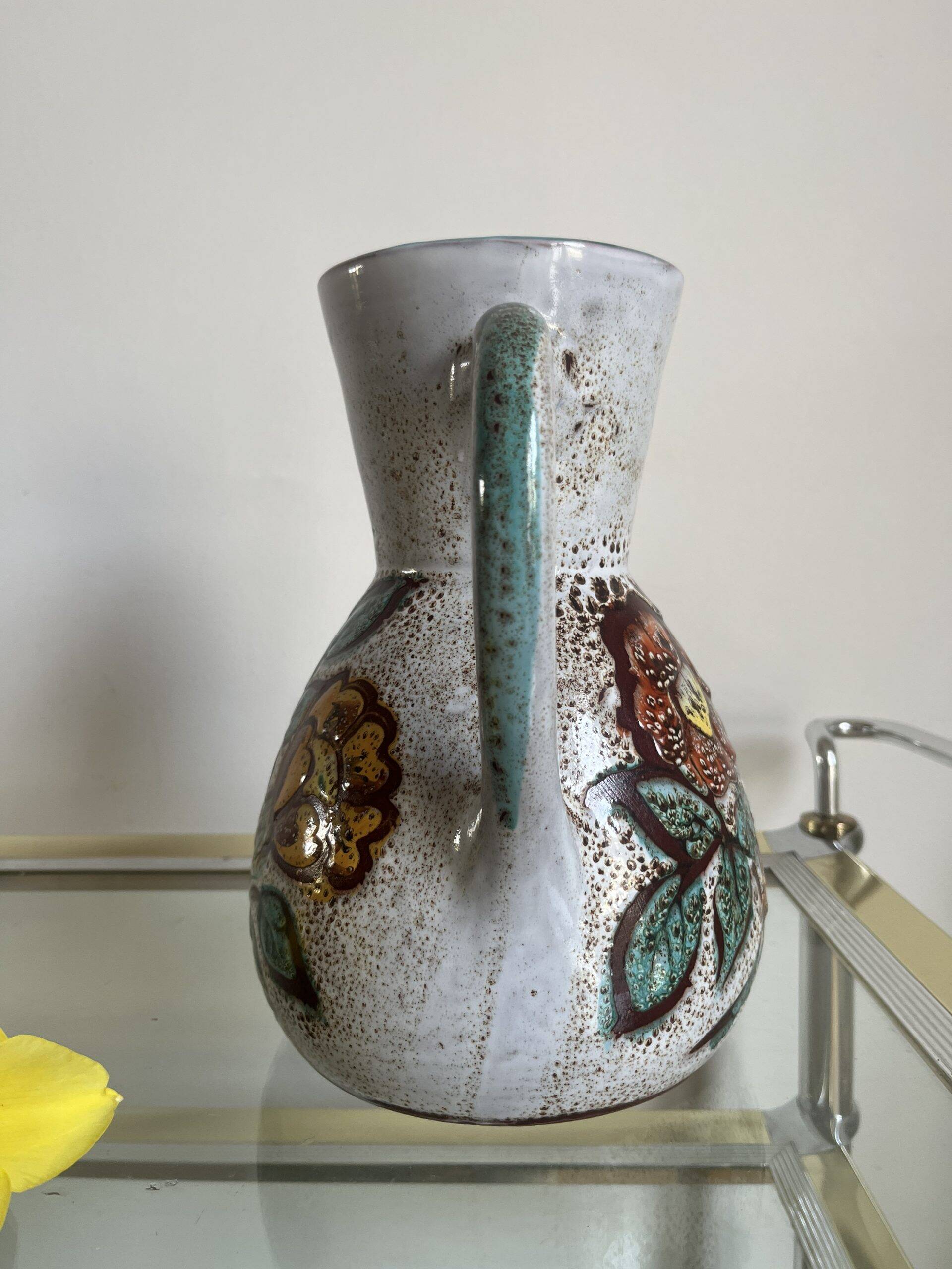 Flowery pitcher in vallauris enameled ceramic hand decorated