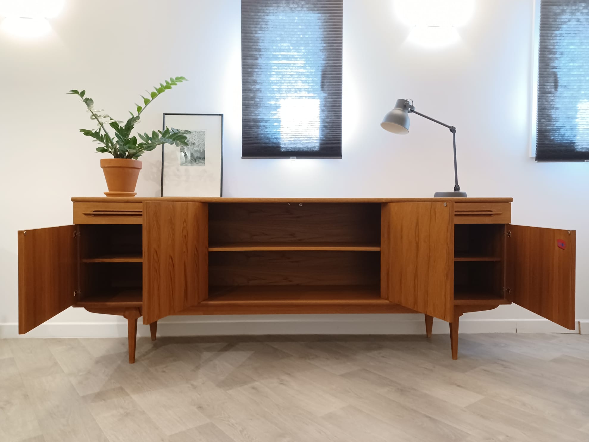 Scandinavian teak row 50s-60s, French manufacture signed Eros