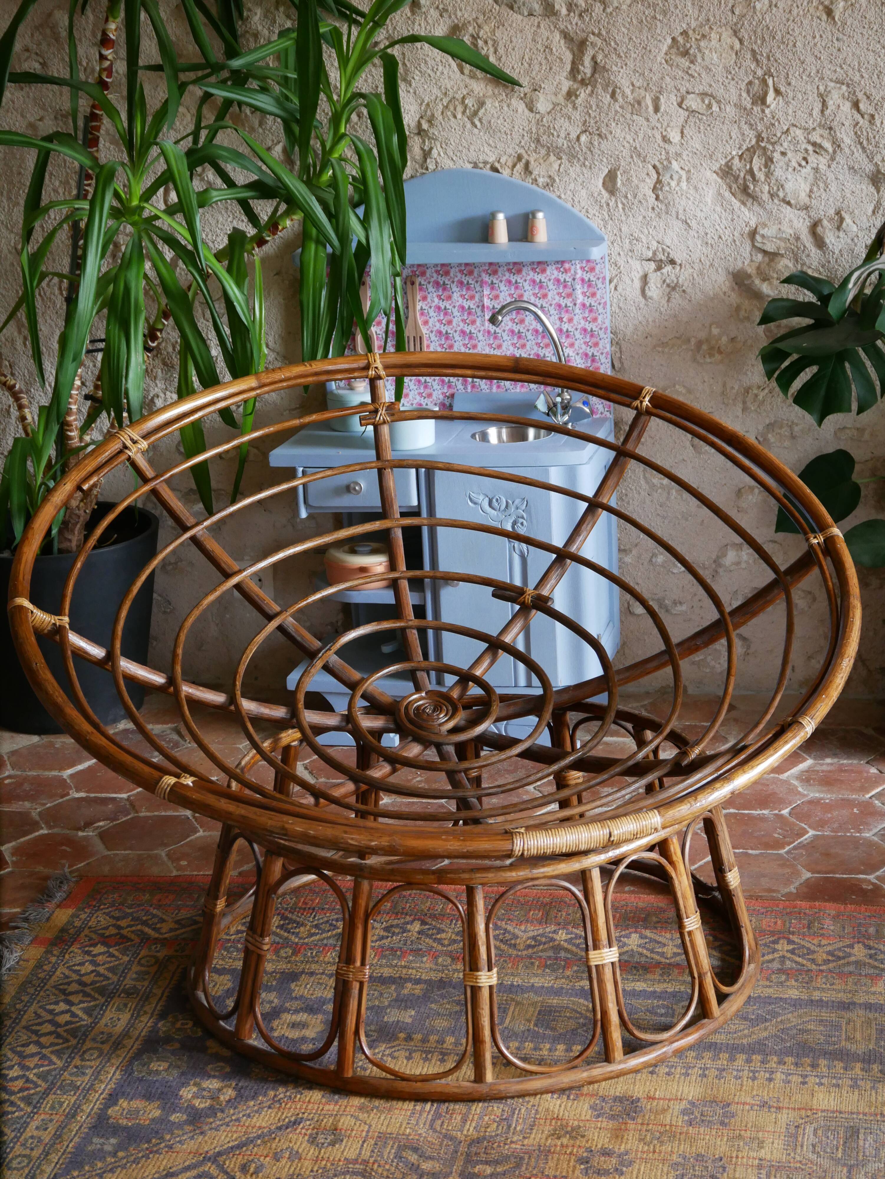Meubletmoi Papasan Sessel Rattan - Runder Schaukelstuhl Mit Kissen Cremefarben