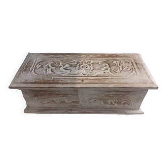 Small chest box storage box in bleached carved wood