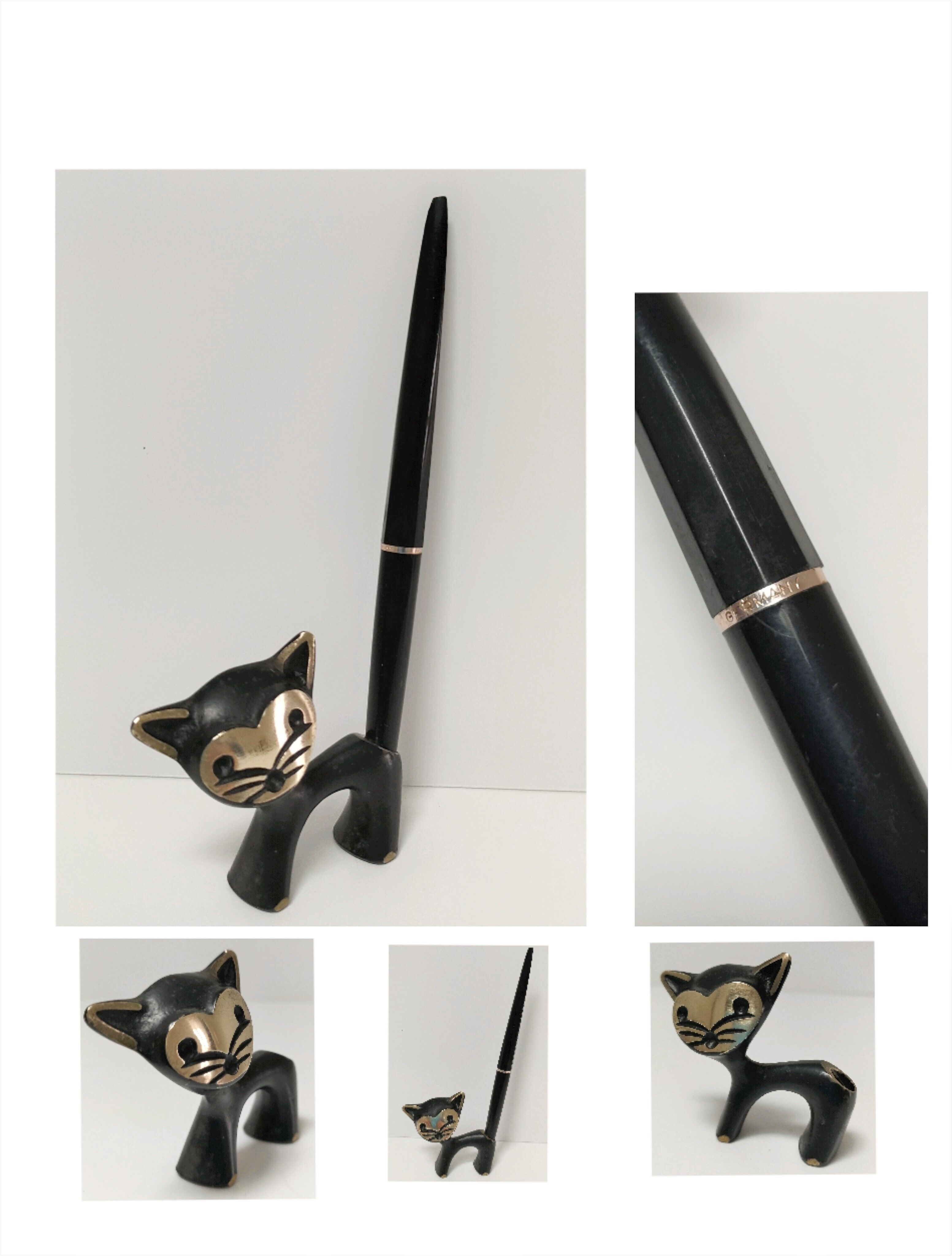 Porte stylo zoomorphe chat bronze patine noir design vintage