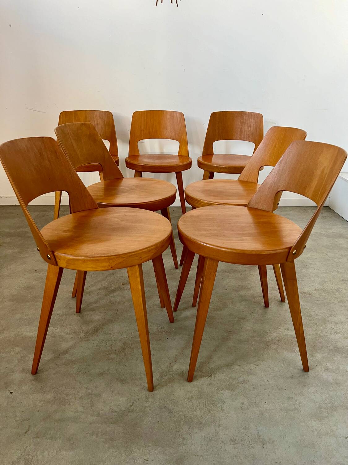 Lot of 7 old Baumann Mondor low back wooden chairs design 60s vintage