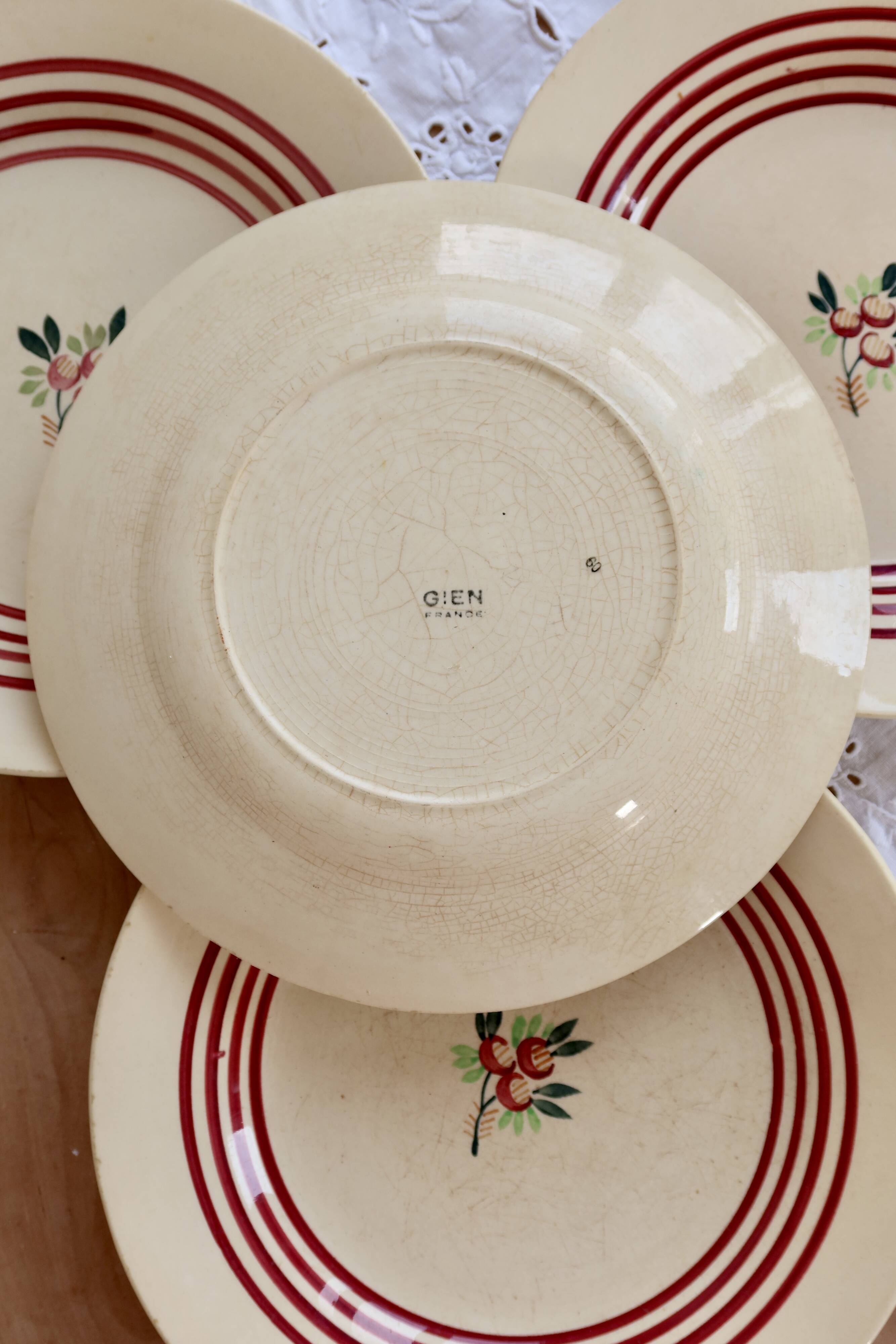 4 vintage Gien ironstone deep plates – Red floral pattern