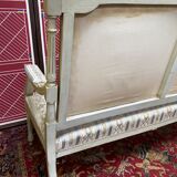 Louis XVI style bench carved with original fabrics and silks